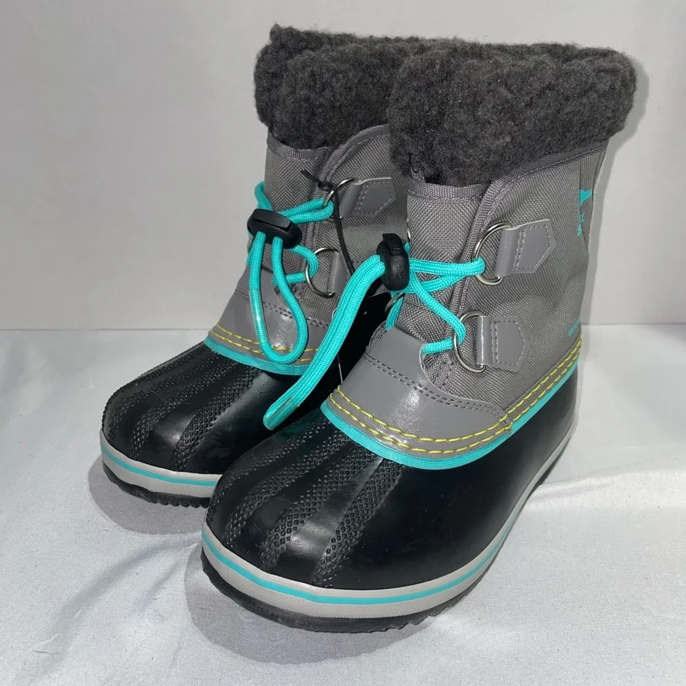 Sorel Yoot Pac Nylon Waterproof Winter‎ Boots Grey Black Teal NC1962-052 Kids 12